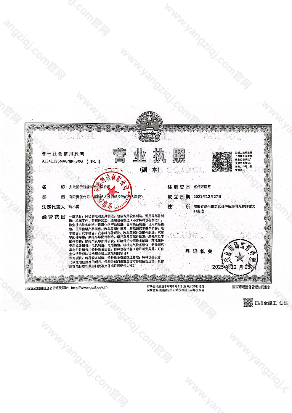 安徽扬子智能制造有限公司营业执照